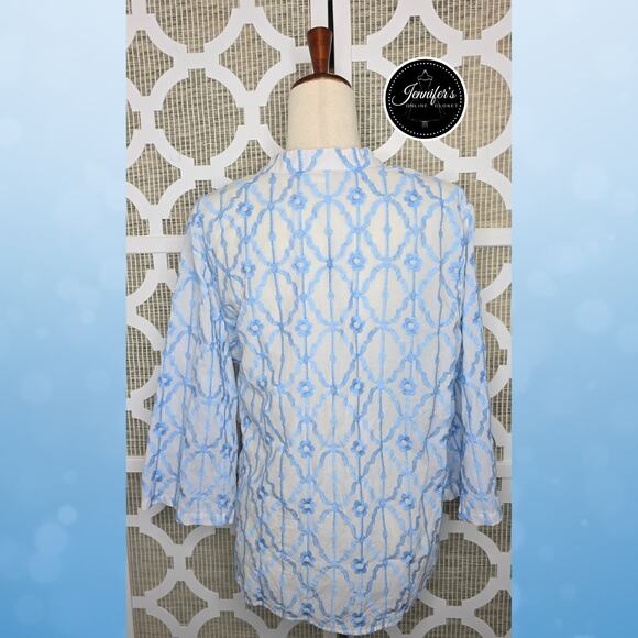 Ruby Rd. Blue & White Embroidered Trellis Pattern Button Front Blouse Size XL - Picture 11 of 14